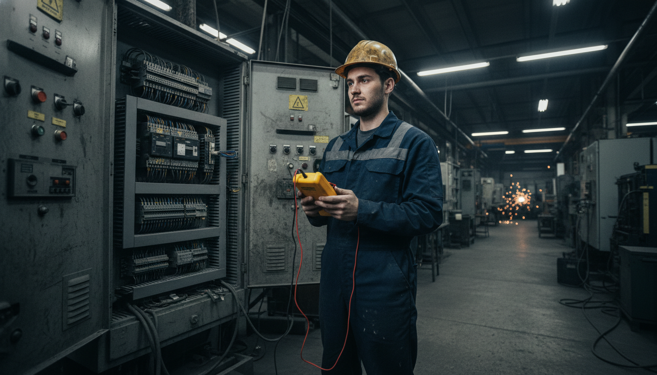 Maintenance technician using a multimeter in front of an industrial control panel