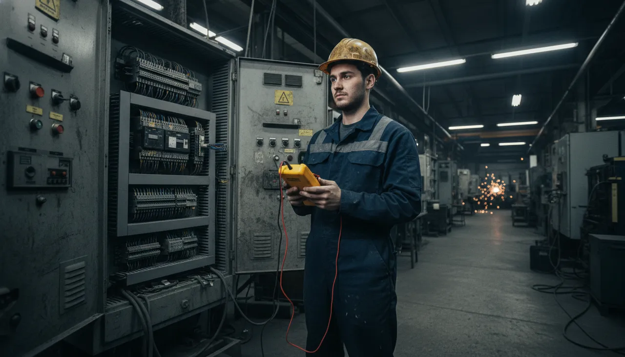 Maintenance technician using a multimeter in front of an industrial control panel